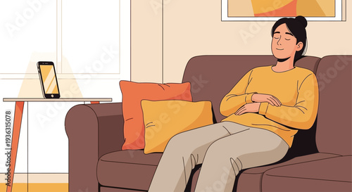 Woman relaxing on a couch with eyes closed.