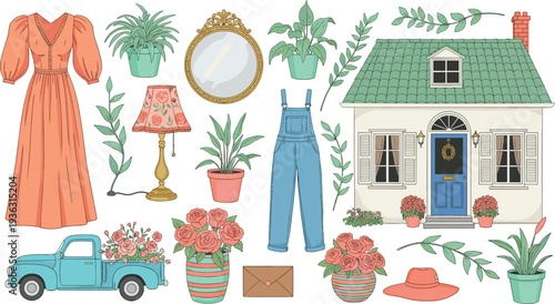 Vintage Cottagecore and Rustic Home Life Set Featuring Quaint Cottage Floral Fashion and Blue Rose-Filled Pickup Truck