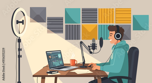 Young man recording podcast with microphone and laptop.