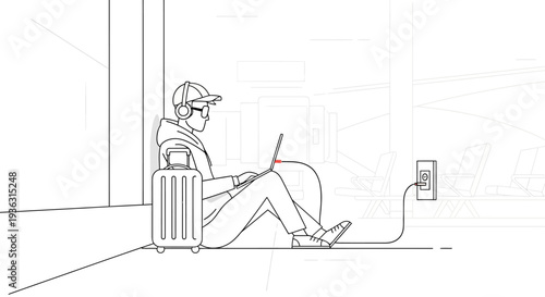 Young man with headphones and laptop charging battery.