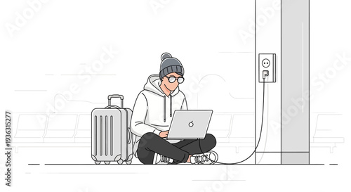 Young man with laptop and suitcase charging device.