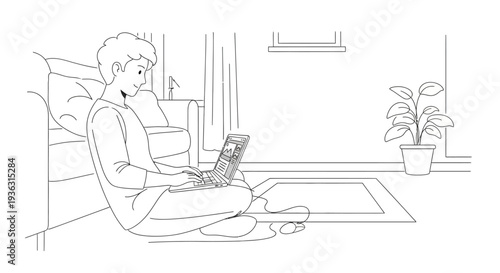 Young man working on laptop computer sitting on floor at home.