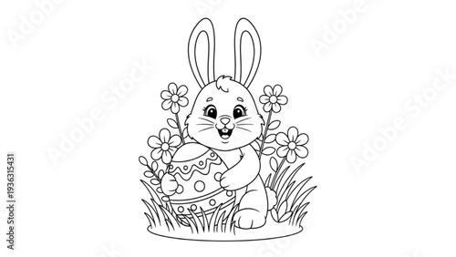 Cute Easter bunny with decorated egg and flowers, coloring page illustration