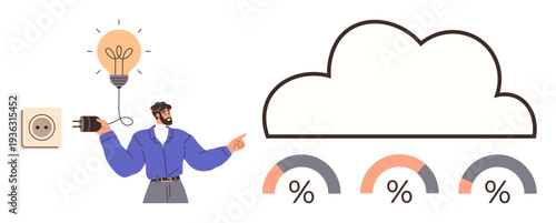 Cloud computing, energy solutions, data analytics, technology innovation, smart data storage, remote access. A man plugs in a lightbulb, pointing at a cloud with dashboard visuals. Cloud computing