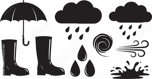 Rainy Day Icons with Umbrella and Rubber Boots Silhouette