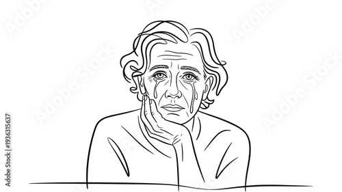 Woman portrait minimalist line art illustration with sad expression