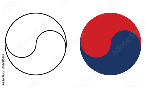 Two versions of the Taegeuk symbol, one in outline and one in red and blue, representing balance harmony and duality, Korean culture and Eastern philosophy concept,