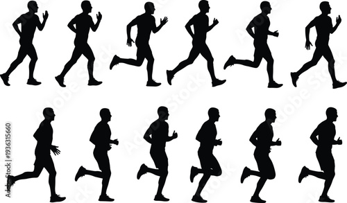 Running silhouettes, twelve dynamic figures in stride sequence, athletic motion phases, biomechanics, human movement study, sports training, animation reference