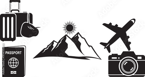 Travel and adventure icons in black and white style