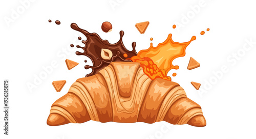 A vibrant illustration of a croissant splattered with chocolate and orange sauce, showcasing a delicious pastry in a dynamic and colorful display of culinary art