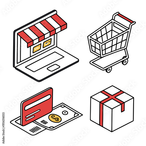 Set of 4 ecommerce icons vector, online shopping, payment, delivery