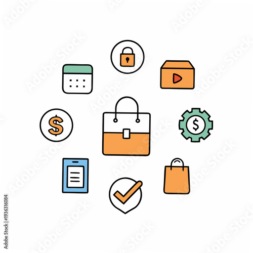Set of 8 ecommerce icons vector, business and shopping