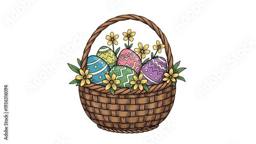 Beautiful Easter basket filled with colorful decorated eggs and yellow flowers illustration