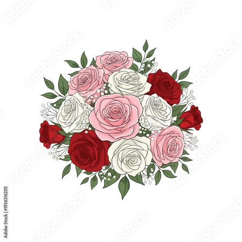 Elegant Mixed Rose Bouquet with Green Foliage for Romantic and Decorative Arrangements