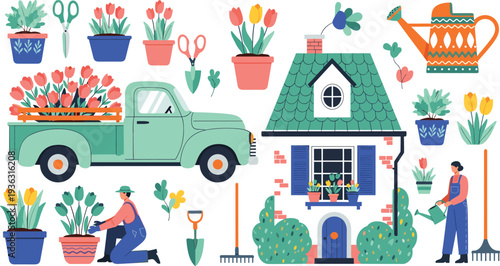 Spring Gardening and Cottagecore Life Illustration Set Featuring Vintage Pickup Truck Cottage and Gardeners Tending to Colorful Tulips