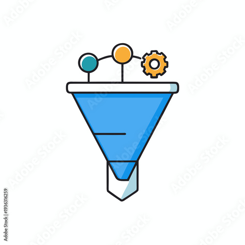 Blue funnel chart icon with gear and molecules