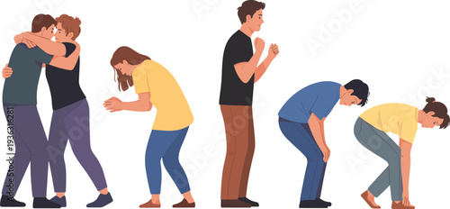 Collection of stressed and upset people characters expressing anxiety, depression and emotional struggle isolated on white background flat vector illustration