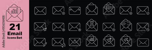 Minimalist line email icon set with editable stroke featuring inbox, message, envelope, notification, mailing, and interface symbols. Contact line editable icon set. Envelope icons. 