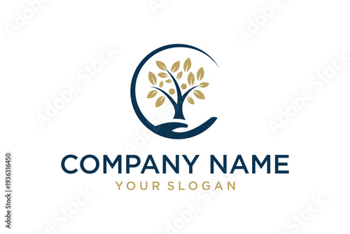 Abstract Tree of Life Logo with Nurturing Hand and Golden Leaves