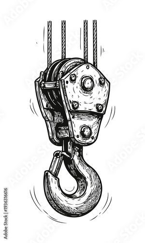 Black and White Industrial Crane Hook Vector Sketch with Expressive Hand Drawn Line Texture