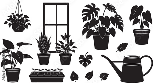 Black and white illustration of various potted plants and gardening tools