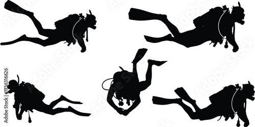 Scuba diver silhouettes swimming underwater, diving vector illustration, marine exploration design, ocean activity graphics showing gear and motion positions