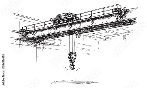 Monochrome Overhead Bridge Crane Vector Illustration with Loose Hand Drawn Rough Line Detail