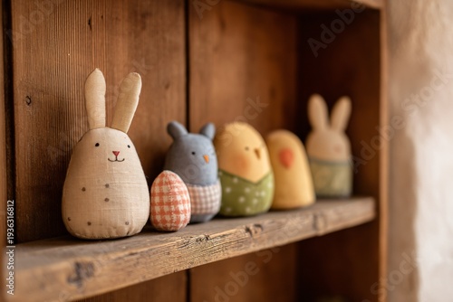 Charming handstitched easter decorations showcased on rustic shelf cozy home environment festive art display