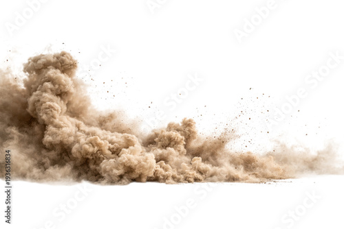 Brown dust cloud burst with flying particles on transparent background