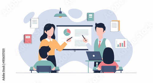 Business people presenting financial data on a screen during a meeting.