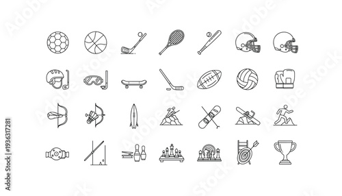 Collection of sports equipment and game icons in line art style