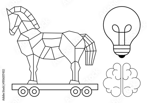 Cybersecurity concept. A geometric Trojan horse s cyber threats, while a brain and light bulb highlight intelligence and innovation. Cybersecurity for digital safety, education, research