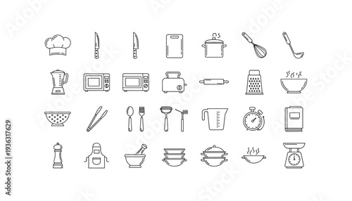 Kitchen utensils and appliances for cooking and food preparation