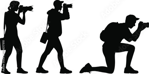 Professional photographer silhouette vector set with men and women taking photos in various standing and kneeling positions