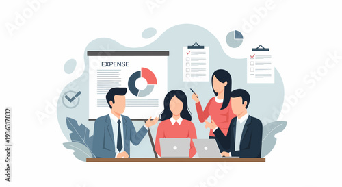 Business team collaborating on a project, analyzing data and discussing financial reports.