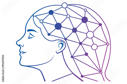 Abstract line art profile of a woman's head with a connected neural network pattern in blue and purple gradients