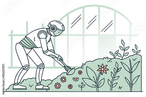 Humanoid robot tending a garden of flowers and plants with a greenhouse in the background