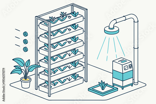 Modern vertical hydroponics farming system with plants growing indoors, featuring automated watering and technology