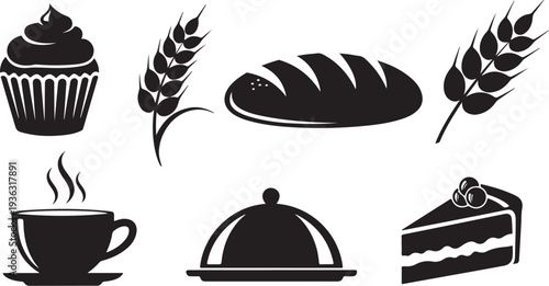 Bakery and coffee shop icons in black and white