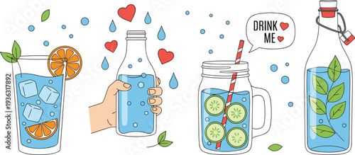 Healthy Infused Water and Hydration Set Featuring Cucumber Orange and Mint Fruit Water in Glass Jar Bottle and Carafe