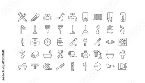 Plumbing tools and fixtures icons for DIY and construction projects