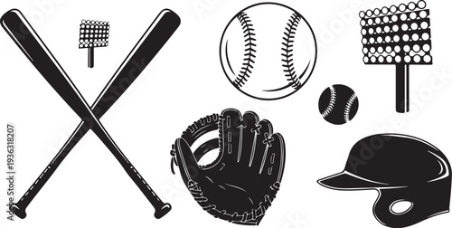 Baseball equipment icons including bats, ball, glove, and helmet