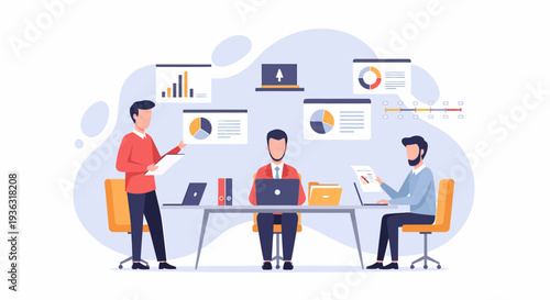 Business team collaborating on project development and data analysis.