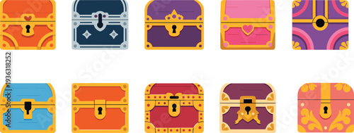 Colorful treasure chest icons set with lock and keyhole fantasy game UI elements cartoon vector collection isolated on white background
