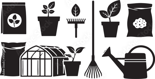 Gardening tools and plants in black and white icons