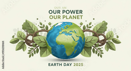 Earth day 2025 illustration with globe leaves and eco friendly slogan on beige background