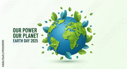 Vibrant earth day 2025 illustration with green leaves and blue globe on white background