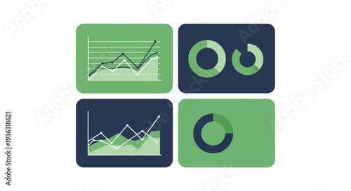 Digital graphic illustrating business data analysis, market trends, and financial reports via diverse charts and graphs.