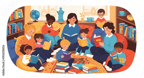 Diverse group of children and adults reading books together in a cozy library or classroom setting with warm lighting