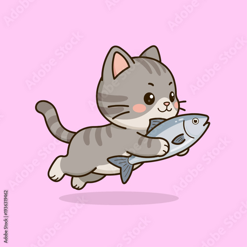 Cute vector illustration of a kitten mascot running while carrying a fish in its paws. The playful character expresses energy, mischief, and charm, making it perfect for logo design. 